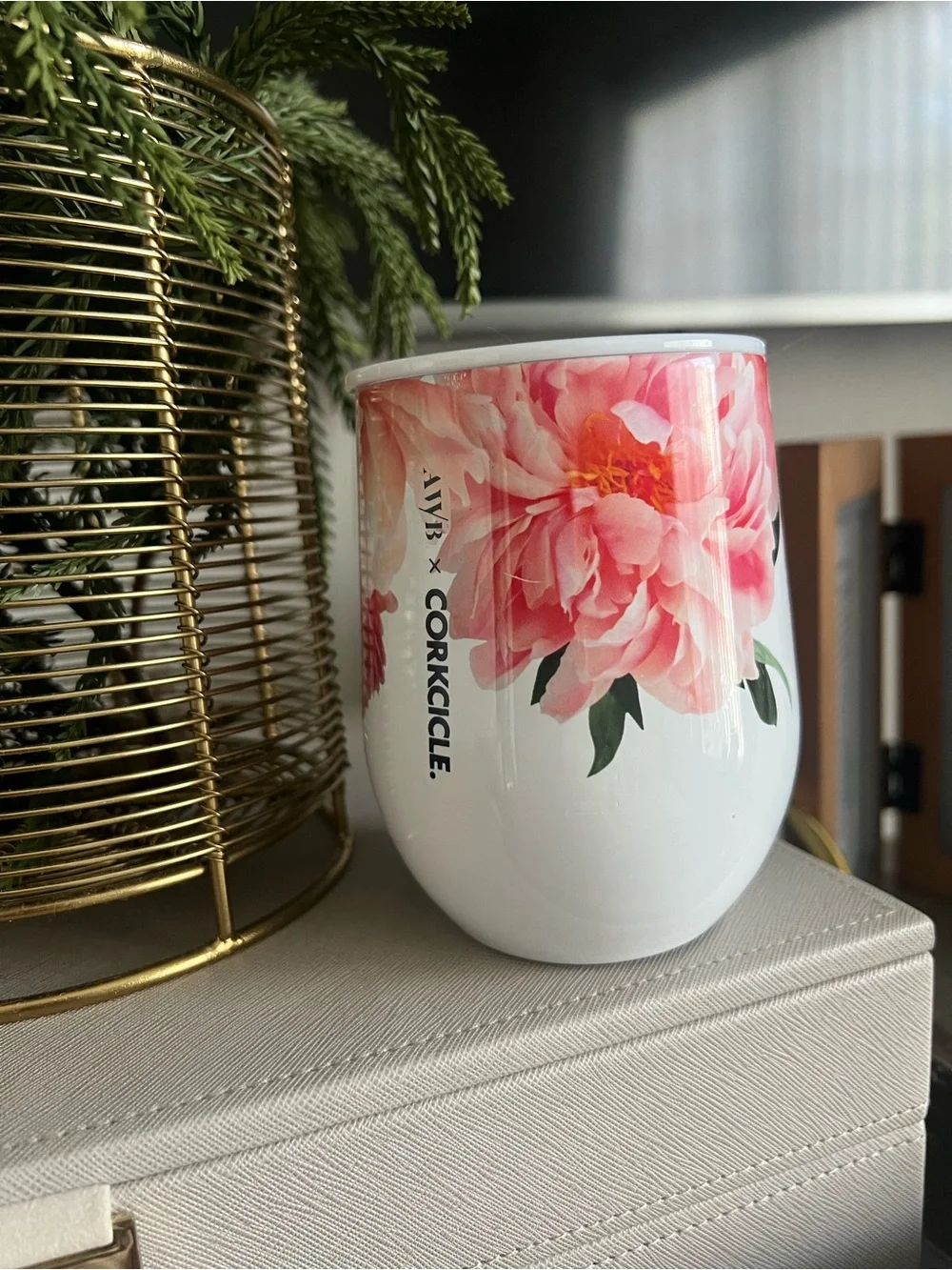 Corkcicle White Stemless Wine Tumbler with Pink Floral Peony
